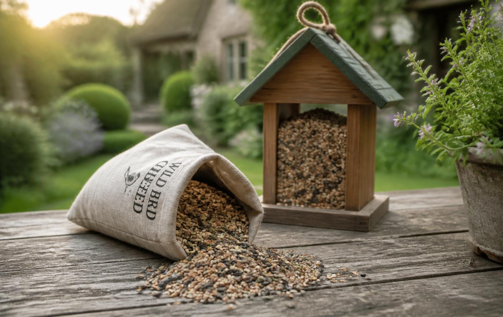 Linen sack of wild bird seed and a cedar feeder on a garden table in morning light