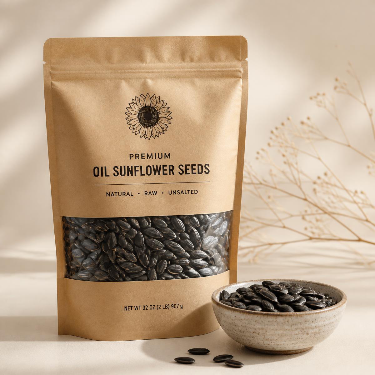 Kraft sack with window showing black oil sunflower seed beside a stoneware bowl of seed