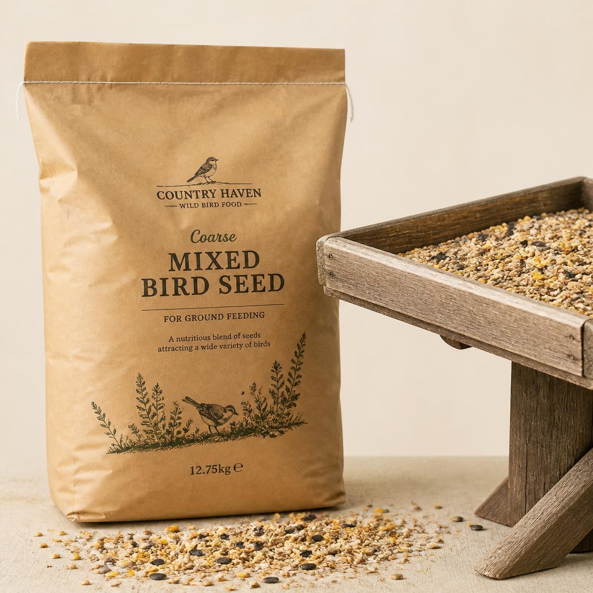 Kraft sack of coarse mixed bird seed beside a wooden bird table tray filled with seed