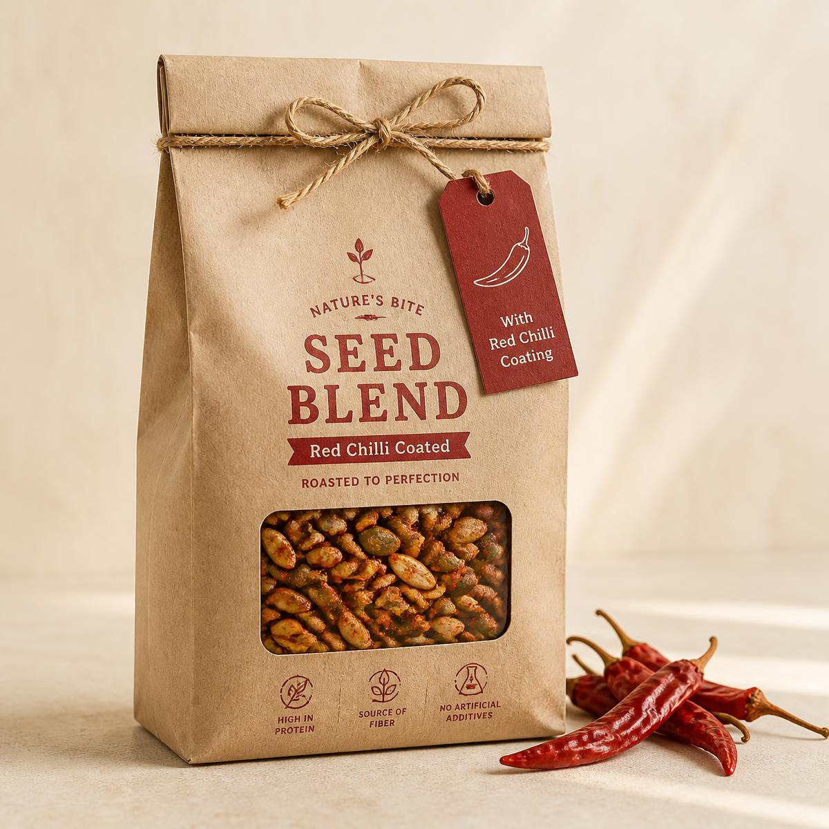 Kraft sack of chilli-coated seed blend beside a few dried red chillies