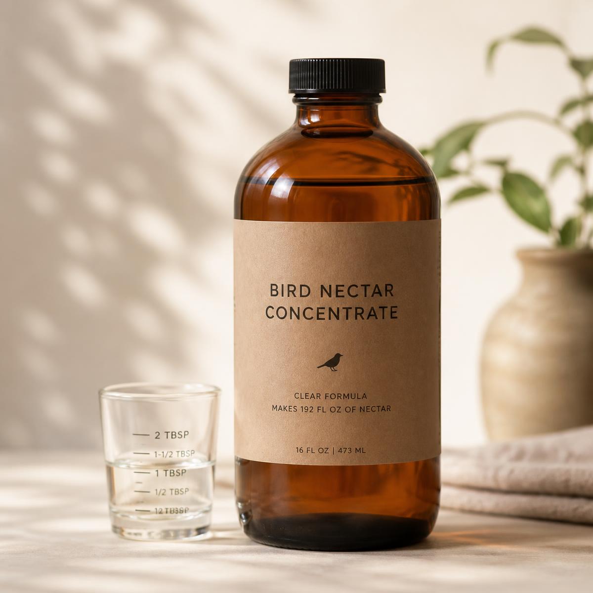 Amber glass bottle of clear bird nectar concentrate with a small measuring glass