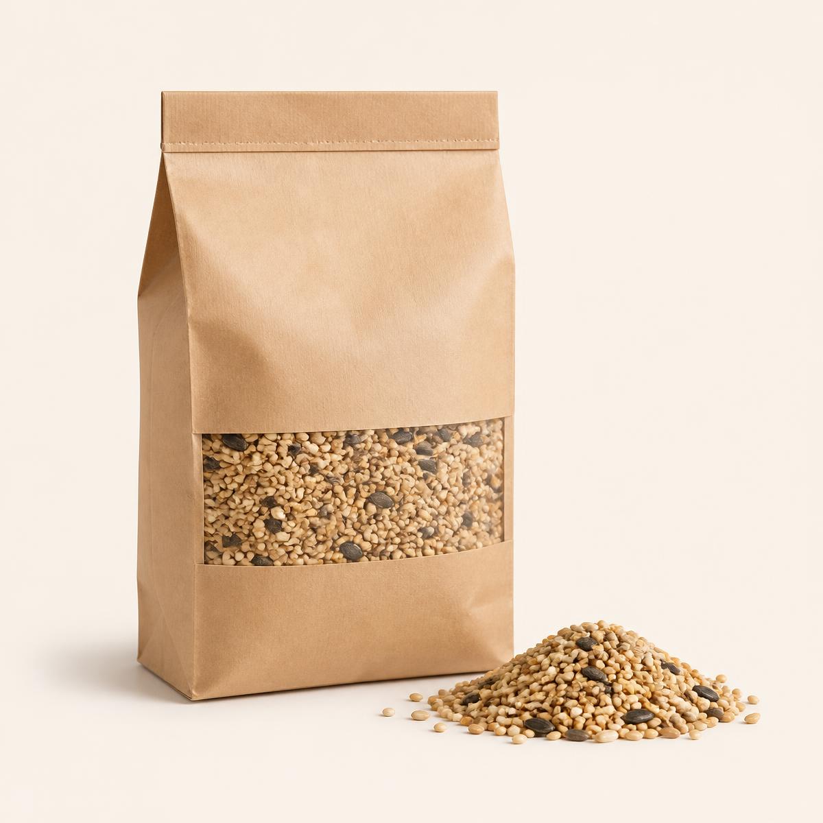 Kraft sack with window showing a hull-free seed blend beside a small pile of seed