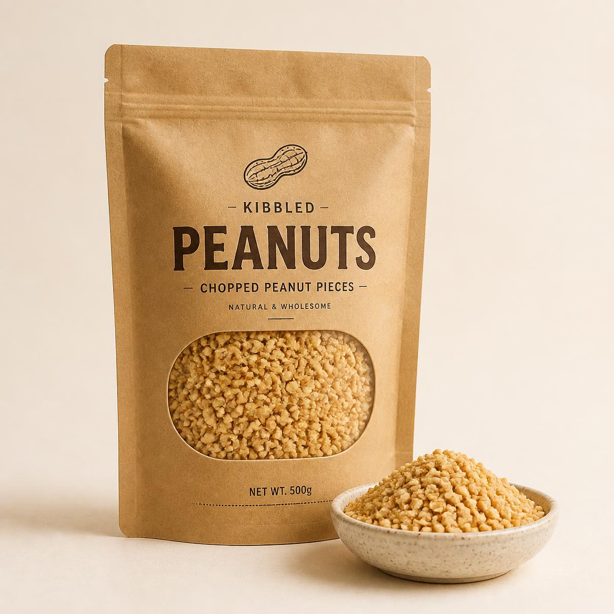 Kraft sack of kibbled peanut pieces with a small dish of peanut granules