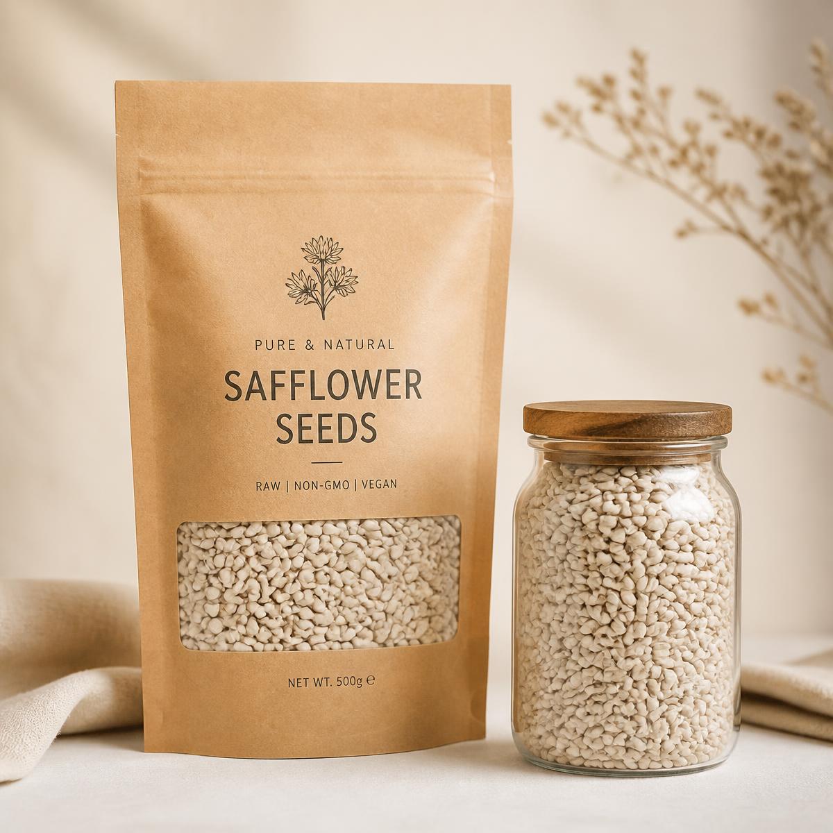 Kraft sack with window showing pale safflower seed beside a glass jar of safflower