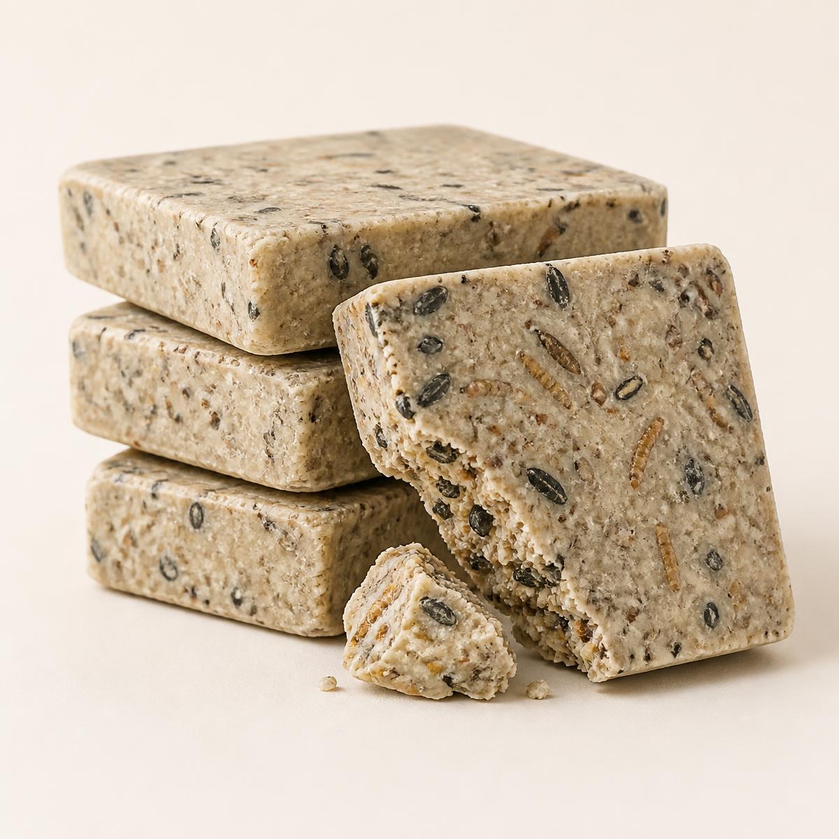 Stack of plain no-melt suet cakes, one broken to show seed and insect texture