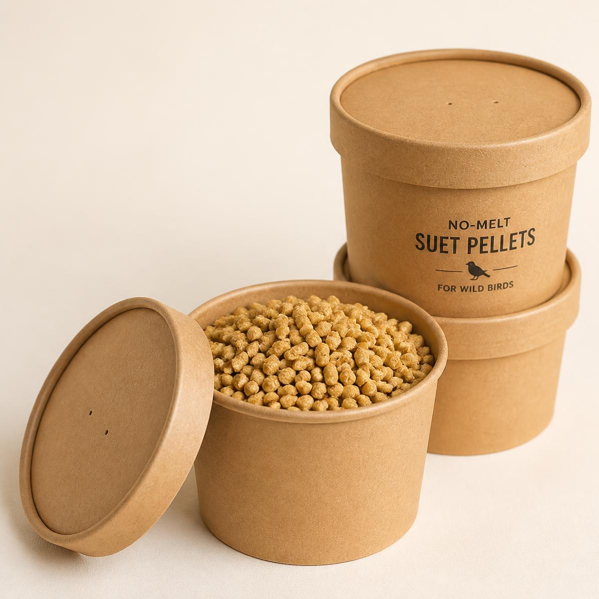 Kraft tub of no-melt suet pellets with the lid off, two more tubs stacked behind