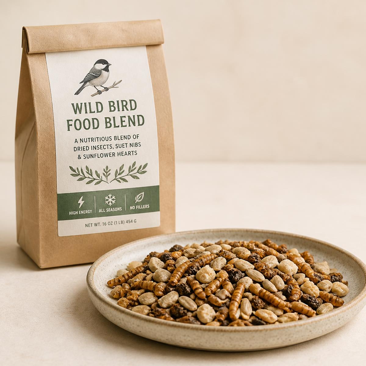 Kraft bag of a blend of dried insects, suet nibs and sunflower hearts poured into a shallow dish
